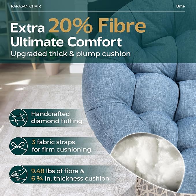 Bme 40" Ergonomic Wicker Papasan Chair with Soft Thick Density Fabric Cushion, High Capacity Steel Frame, 360 Degree Swivel for Living, Bedroom, Reading Room, Lounge, Serene Oasis - White Base - LeafyLoom