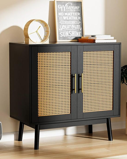 Accent Storage Cabinet with Rattan Decor Doors, Buffet Cabinet with Storage, Sideboard Cabinet for Hallway, Entry, Living Room, Black - LeafyLoom