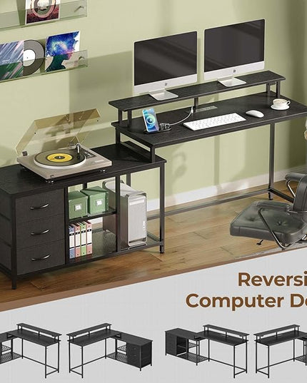 Seventable L Shaped Computer Desk with Drawers, Reversible Gaming Desk with LED Lights & Charging Port, Corner Desk with Storage Shelves & Monitor Stand for Home Office Carbon Fiber Black - LeafyLoom