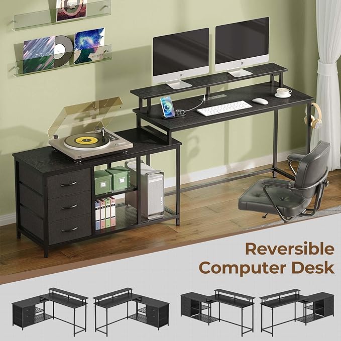 Seventable L Shaped Computer Desk with Drawers, Reversible Gaming Desk with LED Lights & Charging Port, Corner Desk with Storage Shelves & Monitor Stand for Home Office Carbon Fiber Black - LeafyLoom