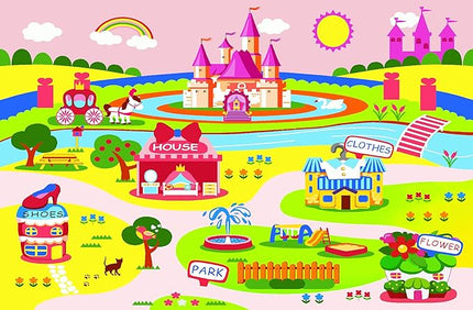 Enchanting Children's Pink Castle Rug with Cartoon Park-Flower,Shoes,Clothes,House Design-Perfect for Imaginative Play-Cozy Princess Rug-Ideal for Playrooms and Bedrooms-Safe & Fun kids rug non skid - LeafyLoom