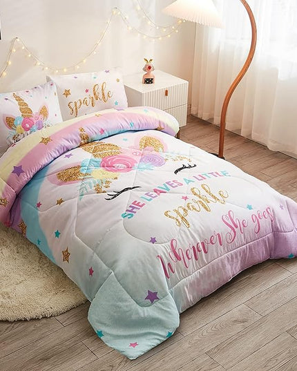 Twin Size Comforter Set for Girls, 3-Piece Bed in a Bag, 3D Colorful Unicorn Bedding Comforter Sheet Set, Ultra Soft and Fluffy, Pink & Rainbow Color - LeafyLoom