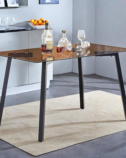 NicBex Modern Minimalist Style Rectangular Tea Brown Glass Dining Table Tempered Glass Tabletop and Black Metal Legs Suitable for Kitchen, Dining Room and Living Room, Dark Brown - LeafyLoom