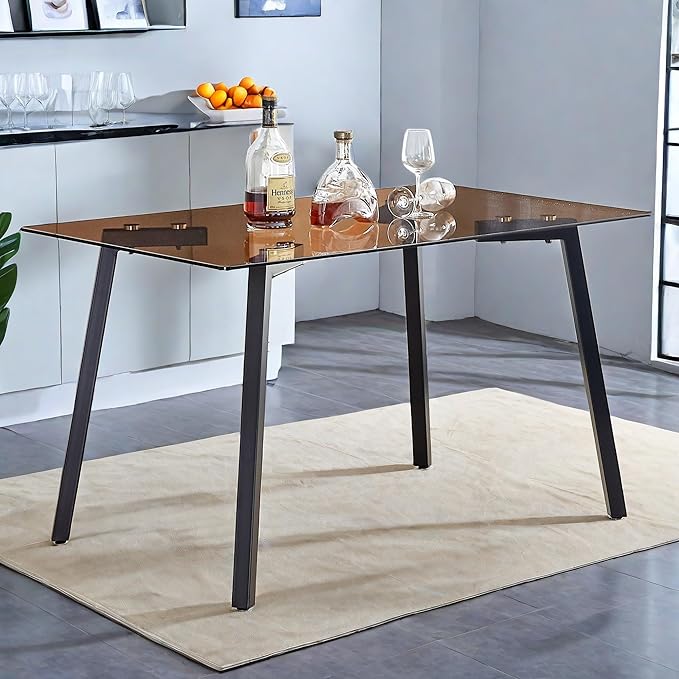 NicBex Modern Minimalist Style Rectangular Tea Brown Glass Dining Table Tempered Glass Tabletop and Black Metal Legs Suitable for Kitchen, Dining Room and Living Room, Dark Brown - LeafyLoom