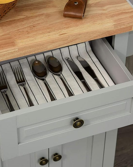 HOMCOM Kitchen Island on Wheels, Rolling Cart with Rubberwood Top, Spice Rack, Towel Rack and Drawers for Dining Room, Grey - LeafyLoom