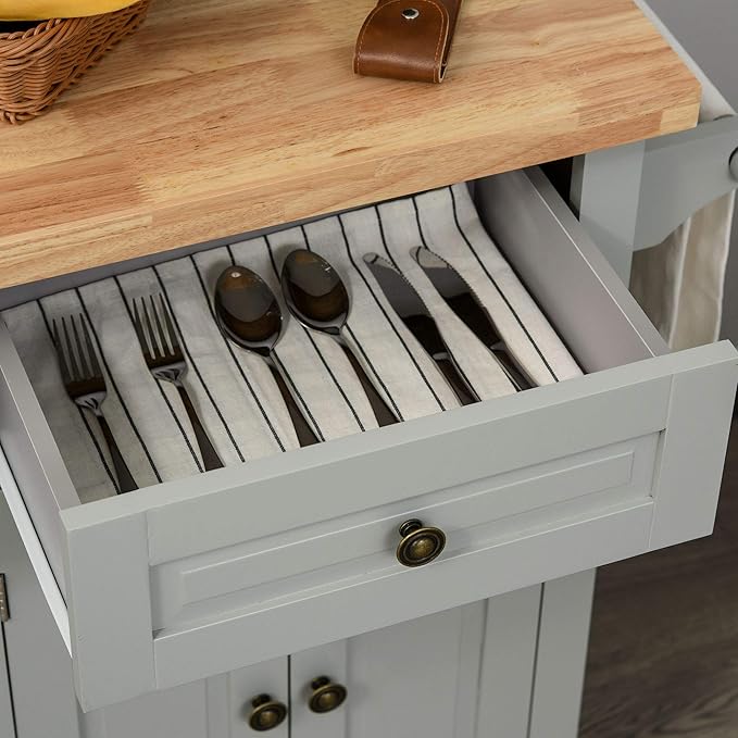 HOMCOM Kitchen Island on Wheels, Rolling Cart with Rubberwood Top, Spice Rack, Towel Rack and Drawers for Dining Room, Grey - LeafyLoom