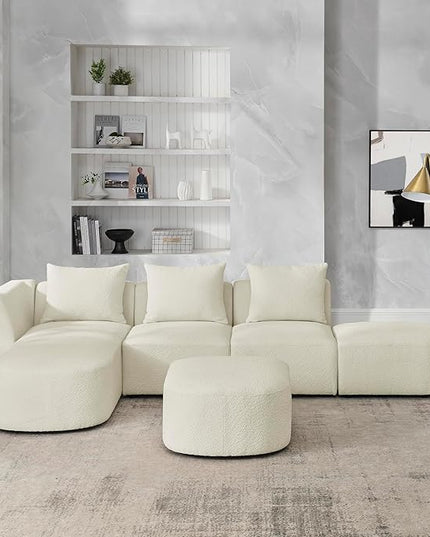 L Shape Sectional Sofa with Left Side Chaise and Removable Ottoman, Upholstered Modular Couch w/Pillows for Living Room, Office, DIY Combination, Loop Yarn Fabric, Beige, 113" - LeafyLoom