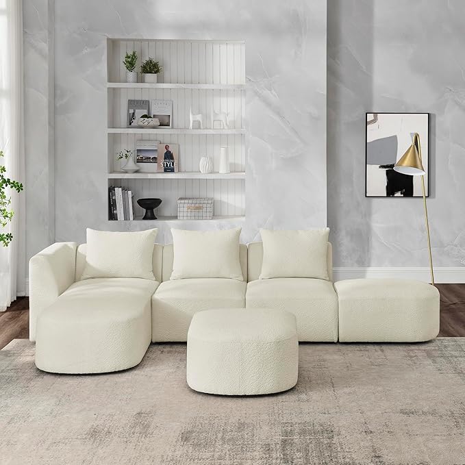 L Shape Sectional Sofa with Left Side Chaise and Removable Ottoman, Upholstered Modular Couch w/Pillows for Living Room, Office, DIY Combination, Loop Yarn Fabric, Beige, 113" - LeafyLoom