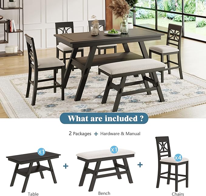 6-Piece Dining Room Table Set, Wood Counter Height Dining Table Set with Storage Shelf, 4 Upholstered Chairs and Bench, Kitchen Table and Chair Set for Dining Room, Espresso+Beige - LeafyLoom