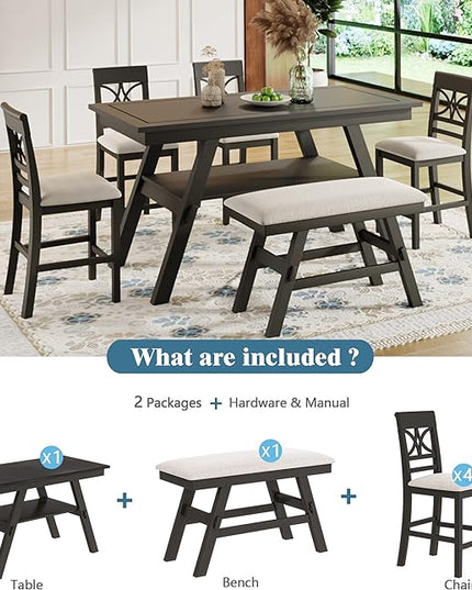 Kitchen Room 6-Piece Counter Height Dining Table Set-Rustic Style with Storage Shelf, Bench, and 4 Chairs, OneSize, Espresso+Beige Cushion - LeafyLoom