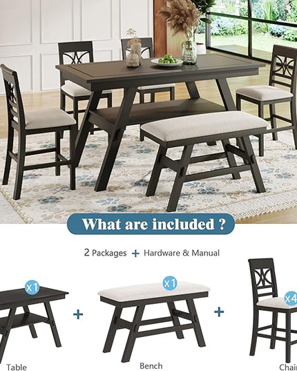 6-Piece Wood Counter Height Dining Table Set with Storage Shelf, Bench and 4 Chairs, for Kitchen, Living Room, Rustic Style, Espresso, 60" L x 30" W x 36" H - LeafyLoom