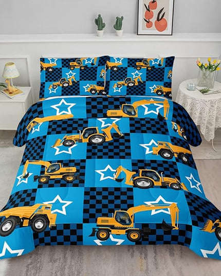 Axolotl Excavator Comforter Set Twin Size,Blue Plaid Comforter Set with Star,Excavator Bedding Set for Kids Boys Teens,Construction Vehicle Comforter Set for Boys,1 Quilt 2 Pillowcases - LeafyLoom