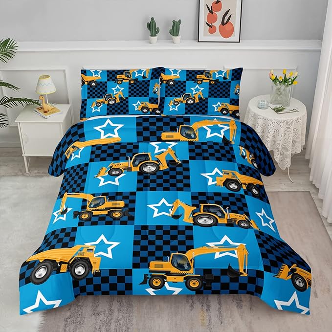 Axolotl Excavator Comforter Set Queen Size,Blue Plaid Comforter Set with Star,Excavator Bedding Set for Kids Boys Teens,Construction Vehicle Comforter Set for Boys,1 Quilt 2 Pillowcases - LeafyLoom