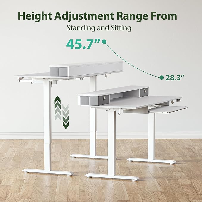 Electric Standing Desk with 2 Drawers and Keyboard Tray, 55 x 24 Inches Ergonomic Adjustable Height Desk with Storage, Sit Stand up Desk Computer Workstation, White - LeafyLoom