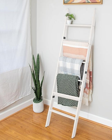 Ilyapa Blanket Ladder for The Living-Room - Rustic Decorative Quilt Ladder with Folding Construction for Easy Storage, White Weathered Wood - LeafyLoom