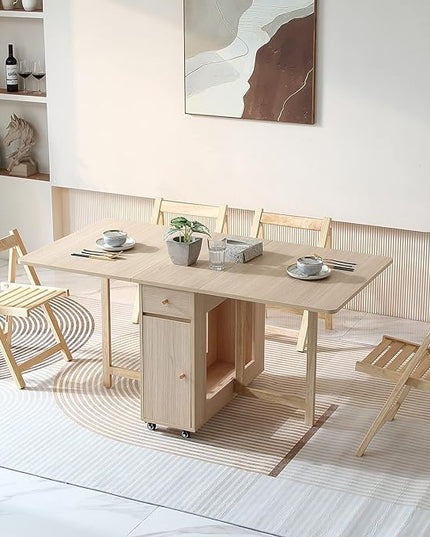 Extendable Drop Leaf Folding Dining Table with 2 Drawers and 4 Wheels for Living Room Kitchen Farmhouse Space Saving Table in Wood Color - LeafyLoom