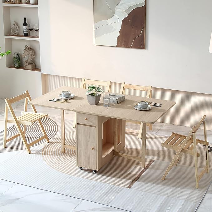 Extendable Drop Leaf Folding Dining Table with 2 Drawers and 4 Wheels for Living Room Kitchen Farmhouse Space Saving Table in Wood Color - LeafyLoom