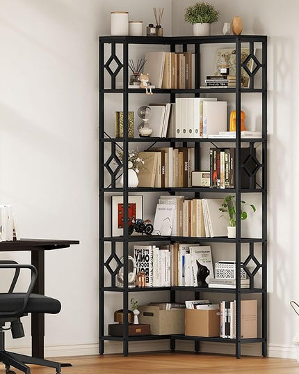 YITAHOME 7 Tier Corner Bookshelf Reversible Bookcase, Tall Bookshelf Display Rack Shelf with Metal Frame for Living Room, Bedroom, Home Office, Black - LeafyLoom