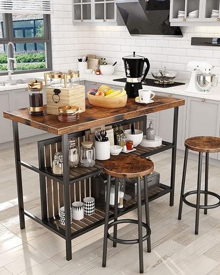 DKLGG Kitchen Island with Storage, 3 Piece Dining Table Set with 2 Tier Storage Shelves, Bar Table with Barstool, Sturdy Island Table with Chairs for Restaurant, Living Room - LeafyLoom