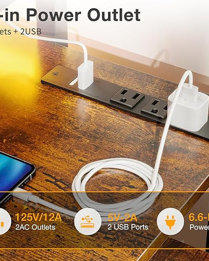 MOTPK Small Computer Desk with Led Lights & Power Outlet, 40 Inch Reversible Writing Desk with Shelves, Kids Desk with Adjustable Monitor Stand & Headphone Hook, Work Desk for Home Office, Brown - LeafyLoom