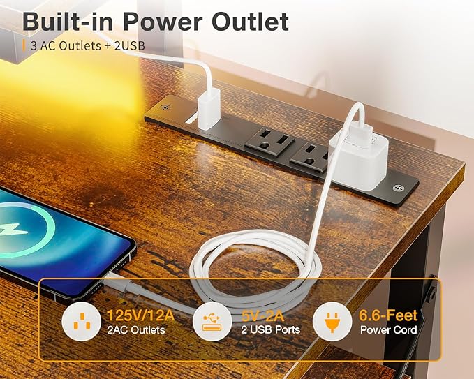 MOTPK Small Computer Desk with Led Lights & Power Outlet, 40 Inch Reversible Writing Desk with Shelves, Kids Desk with Adjustable Monitor Stand & Headphone Hook, Work Desk for Home Office, Brown - LeafyLoom