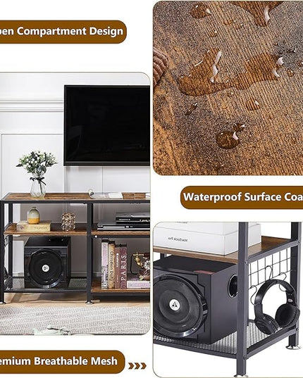 VECELO TV Stand for Televisions up to 75 Inch, Industrial Entertainment Center with 3-Tier Open Storage Shelves& Hooks for Living, Bedroom and Gaming Room, 70 Inch, Brown - LeafyLoom
