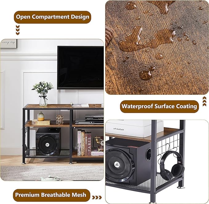 VECELO TV Stand for Televisions up to 75 Inch, Industrial Entertainment Center with 3-Tier Open Storage Shelves& Hooks for Living, Bedroom and Gaming Room, 70 Inch, Brown - LeafyLoom