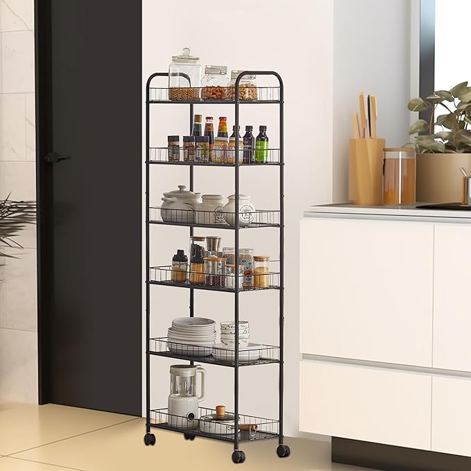 6-Tier Slim Rolling Cart,Narrow Shelving,Kitchens, Bathroom, Garages, Laundry rooms, Offices,10" D x 22.8" W x 61" H - LeafyLoom