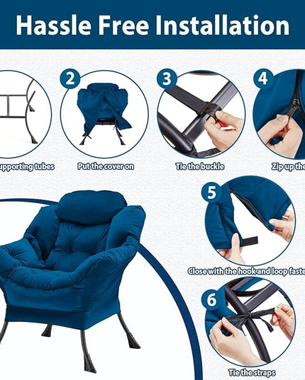 Lazy Chair Thick Padded, Accent Chair Velvet Upholstered with Wide Seat, Stable Metal Frame and Non-Slip Pad, Modern Sofa Armchair with Side Storage Bag for Dorm, Room, Office, Blue - LeafyLoom