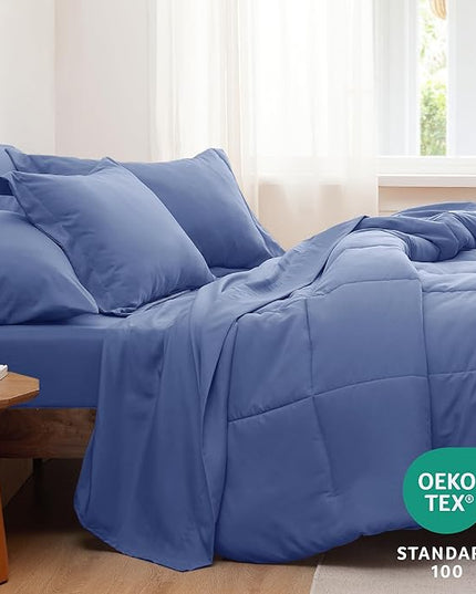 Bedsure Infinity Blue Twin Comforter Set - 5 Pieces Solid Twin Bed in a Bag, Twin Bed Set Infinity Blue with Comforters, Sheets, Pillowcase & Sham - LeafyLoom