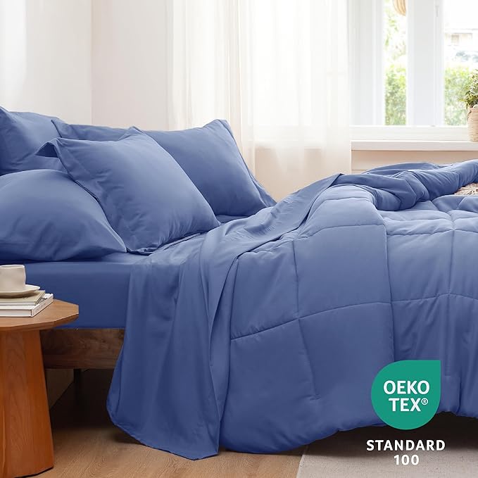 Bedsure Infinity Blue Full Size Comforter Set - 7 Pieces Solid Full Bed in a Bag, Full Bed Set Infinity Blue with Comforters, Sheets, Pillowcases & Shams - LeafyLoom