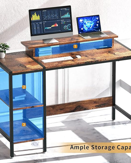 Gaming/Computer Desk - 47” Home Office Small Desk with Monitor Stand, Rustic Writing Desk for 2 Monitors, Adjustable Storage Space, Modern Design Corner Table. - LeafyLoom
