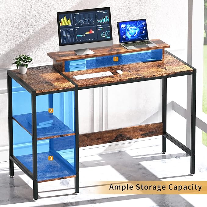 Gaming/Computer Desk - 47” Home Office Small Desk with Monitor Stand, Rustic Writing Desk for 2 Monitors, Adjustable Storage Space, Modern Design Corner Table. - LeafyLoom