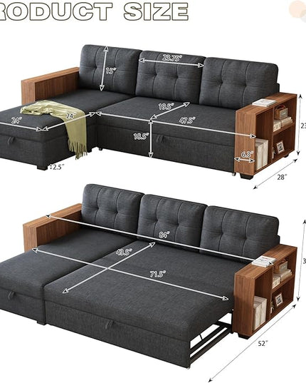 84" Pull, L Shaped Couch with Wooden Storage Handrail,Convertible Sectional Sleeper Sofa W/Chaise and 3 Back Cushions for Living Room,Apartment,Office,Dark Grey - LeafyLoom