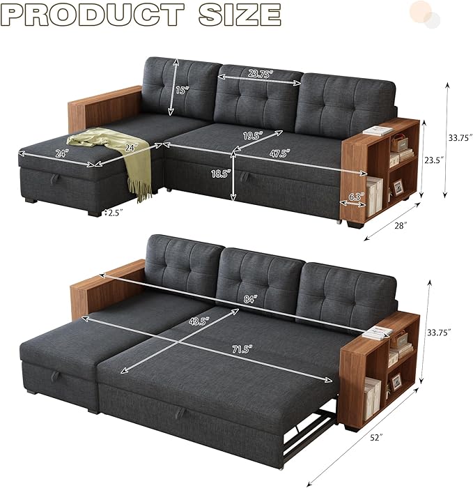 Ball & Cast 84" Sectional Sleeper Sofa Chaise, L Shaped Pull Out Couch Bed,Wooden Storage Handrail,for Apartments, Living Room and Office, Dark Grey - LeafyLoom