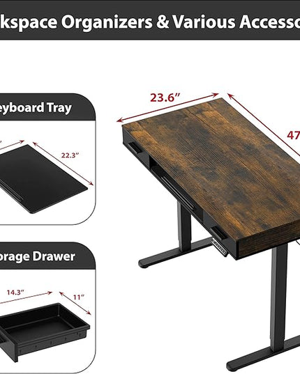 SHW 48-Inch Electric Height Adjustable Desk with Keyboard Tray and Two Drawers, Rustic Brown - LeafyLoom