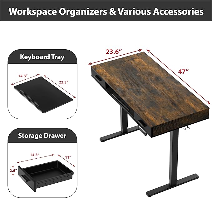 SHW 48-Inch Electric Height Adjustable Desk with Keyboard Tray and Two Drawers, Rustic Brown - LeafyLoom