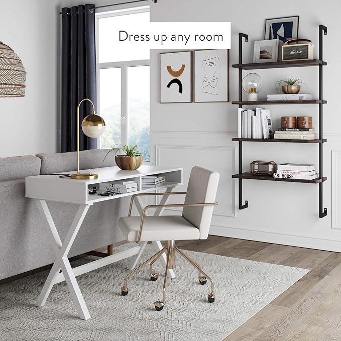 Nathan James Theo 4-Shelf Bookcase, Floating Wall Mount Shelves with Natural Wood and Industrial Pipe Metal Frame, Nutmeg/Black - LeafyLoom