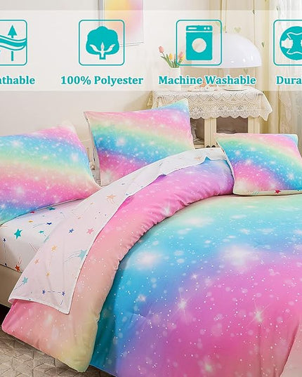 6 Pcs Bed in A Bag Glitter Galaxy Comforter Set Twin Size, Ombre Pink Rainbow Bedding Sets with Sheets for Girls - LeafyLoom