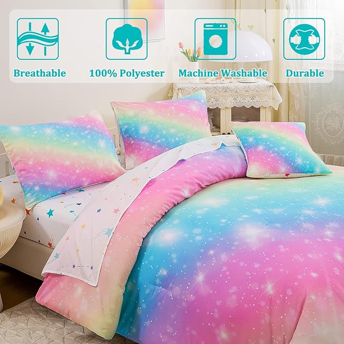 6 Pcs Bed in A Bag Glitter Galaxy Comforter Set Twin Size, Ombre Pink Rainbow Bedding Sets with Sheets for Girls - LeafyLoom