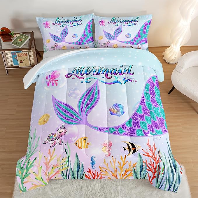 HOSIMA Mermaid Tail Comforter Set for Kids Girls Teens Bedroom Decor,Cartoon Scallop Sea Turtle Sea Horses Octopus Kawaii Bedding Set Ocean Comforter,Mermaid Fish Scale Twin Comforter Set. - LeafyLoom