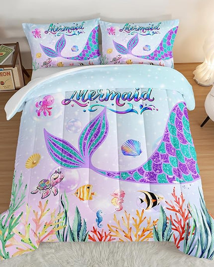 HOSIMA Mermaid Tail Comforter Set for Kids Girls Teens Bedroom Decor,Cartoon Scallop Sea Turtle Sea Horses Octopus Kawaii Bedding Set Mermaid Fish Scale Queen Comforter Set.Ocean Comforter - LeafyLoom