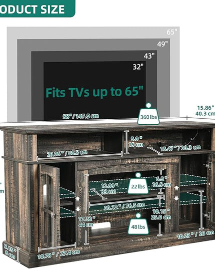 YITAHOME LED Farmhouse TV Stand for TV up to 65" w/Outlets, Highboy Media Entertainment Center Console Table Adjustable Storage Shelves &Cabinet Glass Door for 400lbs for Living Room, Dark Rustic Oak - LeafyLoom
