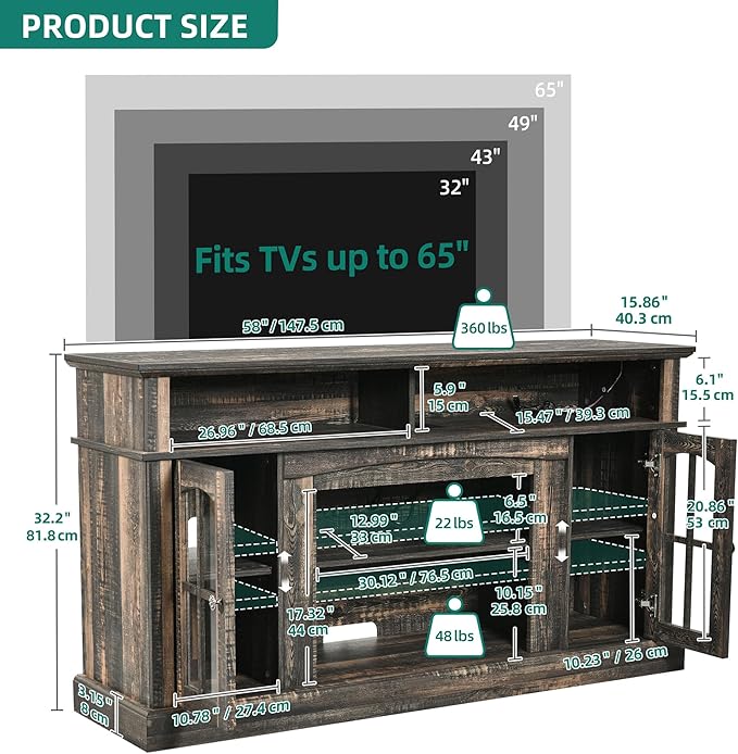 YITAHOME LED Farmhouse TV Stand for TV up to 65" w/Outlets, Highboy Media Entertainment Center Console Table Adjustable Storage Shelves &Cabinet Glass Door for 400lbs for Living Room, Dark Rustic Oak - LeafyLoom