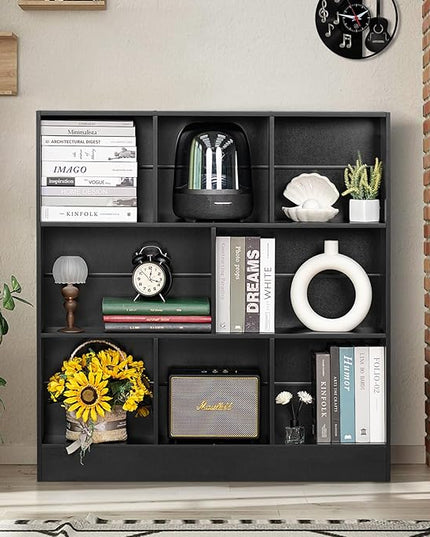 YAHARBO Black Wide Bookshelf,3 Tier Modern Horizontal Bookcase,Wood Low Bookshelves Display Storage Cabinet with Base,Floor Standing 8 Cube Large Bookcases Organizer for Bedroom,Living Room,Office - LeafyLoom