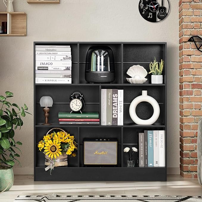 YAHARBO Black Wide Bookshelf,3 Tier Modern Horizontal Bookcase,Wood Low Bookshelves Display Storage Cabinet with Base,Floor Standing 8 Cube Large Bookcases Organizer for Bedroom,Living Room,Office - LeafyLoom