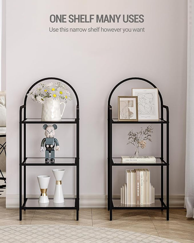 Bookcase Bookshelf, Tempered Glass Bookshelves, Slim Shelving Unit for Bedroom, Bathroom, Home Office, Steel Frame, 3 Tier Black BC10301B - LeafyLoom