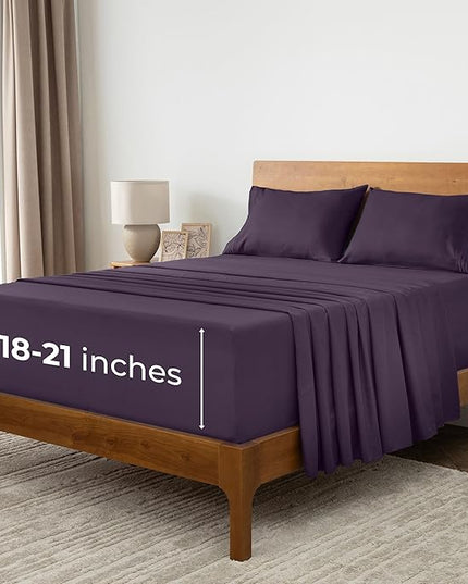 Mellanni Extra Deep California King Sheets - 4 PC Iconic Collection Bedding Sheets & Pillowcases - Hotel Luxury, Ultra Soft, Cooling Bed Sheets - Extra Deep Pocket up to 21 inch (Cal King, Purple) - LeafyLoom
