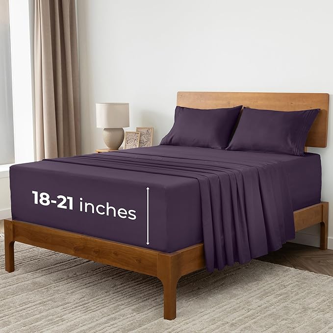 Mellanni Extra Deep California King Sheets - 4 PC Iconic Collection Bedding Sheets & Pillowcases - Hotel Luxury, Ultra Soft, Cooling Bed Sheets - Extra Deep Pocket up to 21 inch (Cal King, Purple) - LeafyLoom