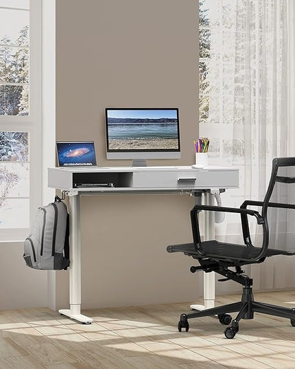SHW Claire 40-Inch Height Adjustable Electric Standing Desk with Drawer, White - LeafyLoom